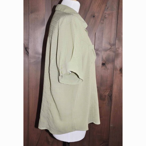 Apparenza Lime Green Silky Short Sleeve Blouse With 2 Small Front Pockets - Picture 6 of 6